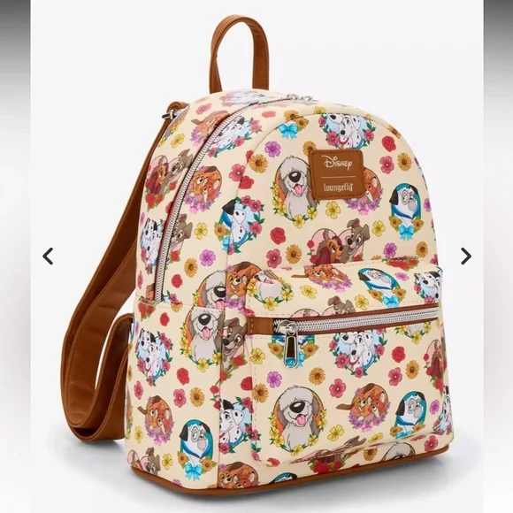 Loungefly Disney Dogs Flower Hearts Mini Backpack NEW with Tags Beige Cute - Picture 1 of 5